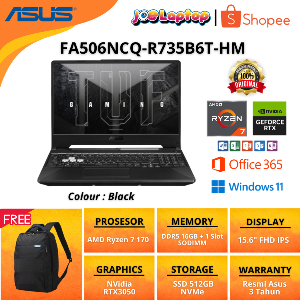 ASUS TUF FA506NCQ-R735B6T-HM Ryzen 7 170 RTX3050 Win11 OHS - Laptop Gaming 15.6" FHD 144Hz SSD 512GB RAM 16GB
