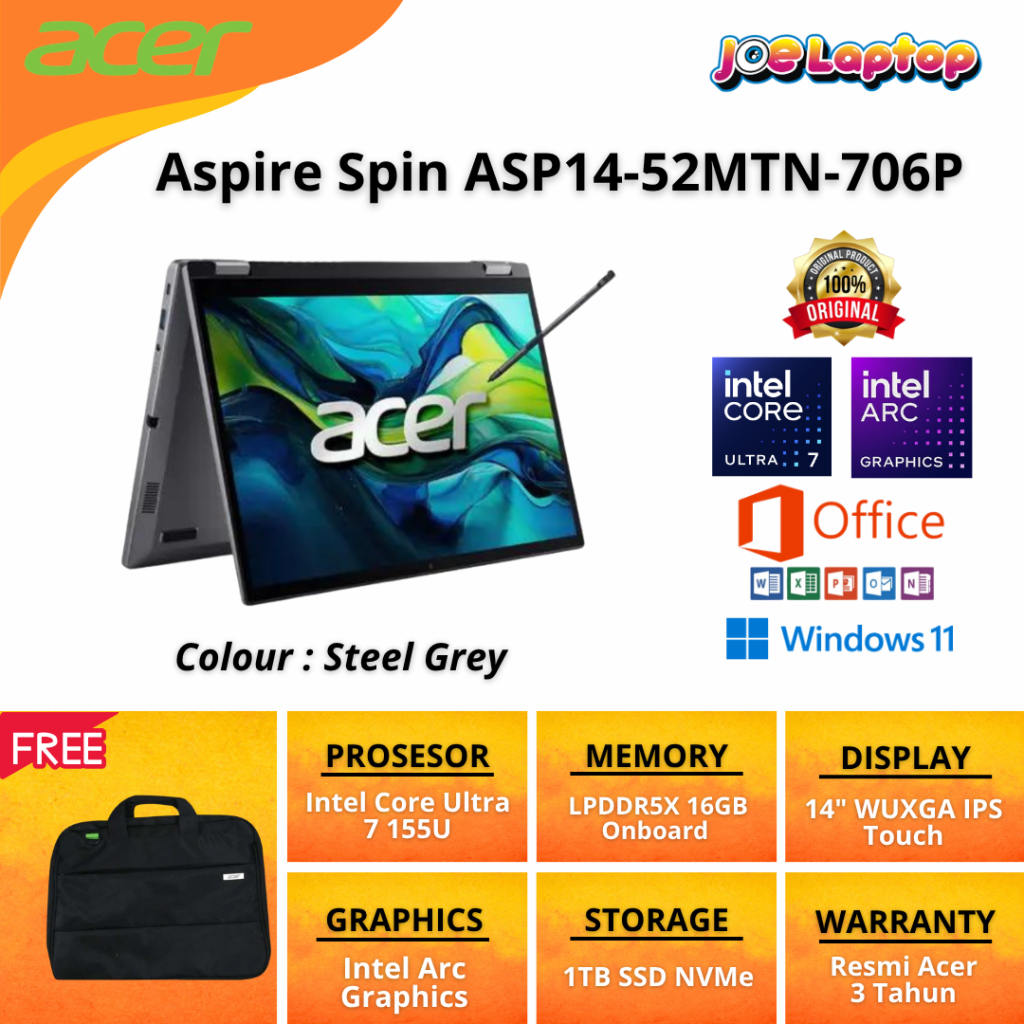 Acer Aspire Spin ASP14-52MTN-706P Steel Grey Ultra 7 155U Win11 OHS Touch 2 in 1