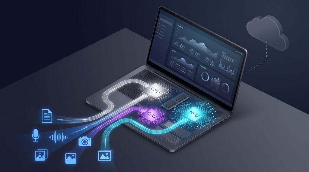 Ilustrasi pemrosesan AI lokal melalui CPU GPU dan NPU di dalam laptop