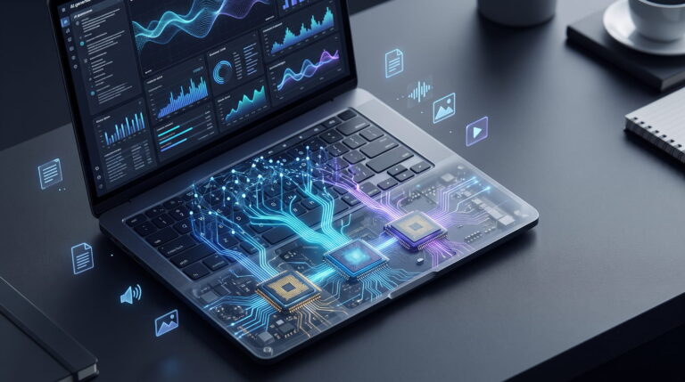 Laptop AI lokal dengan visualisasi CPU GPU dan NPU memproses AI langsung di perangkat