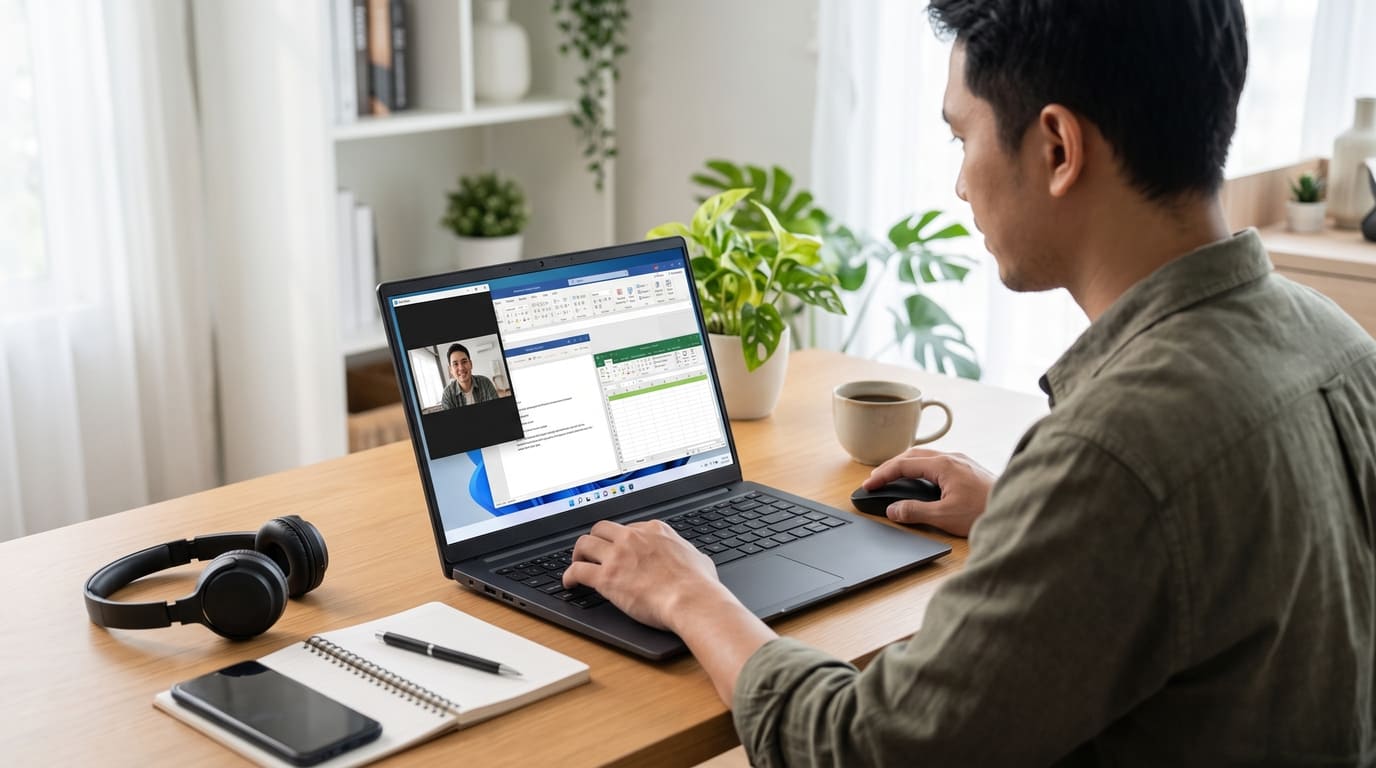Laptop Windows sederhana untuk kerja remote dengan tampilan dokumen dan meeting online