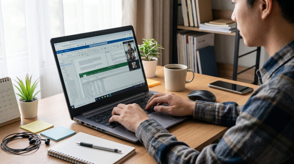 Laptop Windows untuk kerja remote di meja kerja rumah dengan tampilan meeting dan dokumen