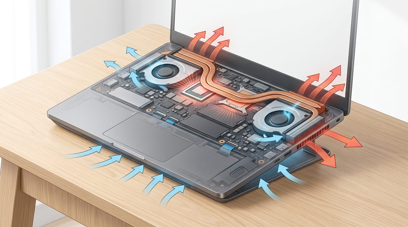 Sistem pendingin laptop yang membuang panas dari CPU dan GPU